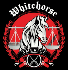 Logo of Whitehorse America featuring a white horse and scales of justice.