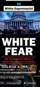 Book cover titled 'White Fear' with a crowd and a building in the background.