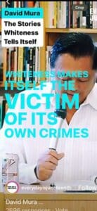 Man with text overlay about whiteness and victimhood.