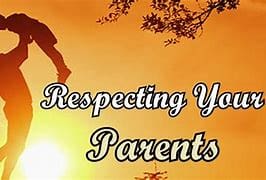 Silhouette of a child and parent with text about respecting parents against a sunset.